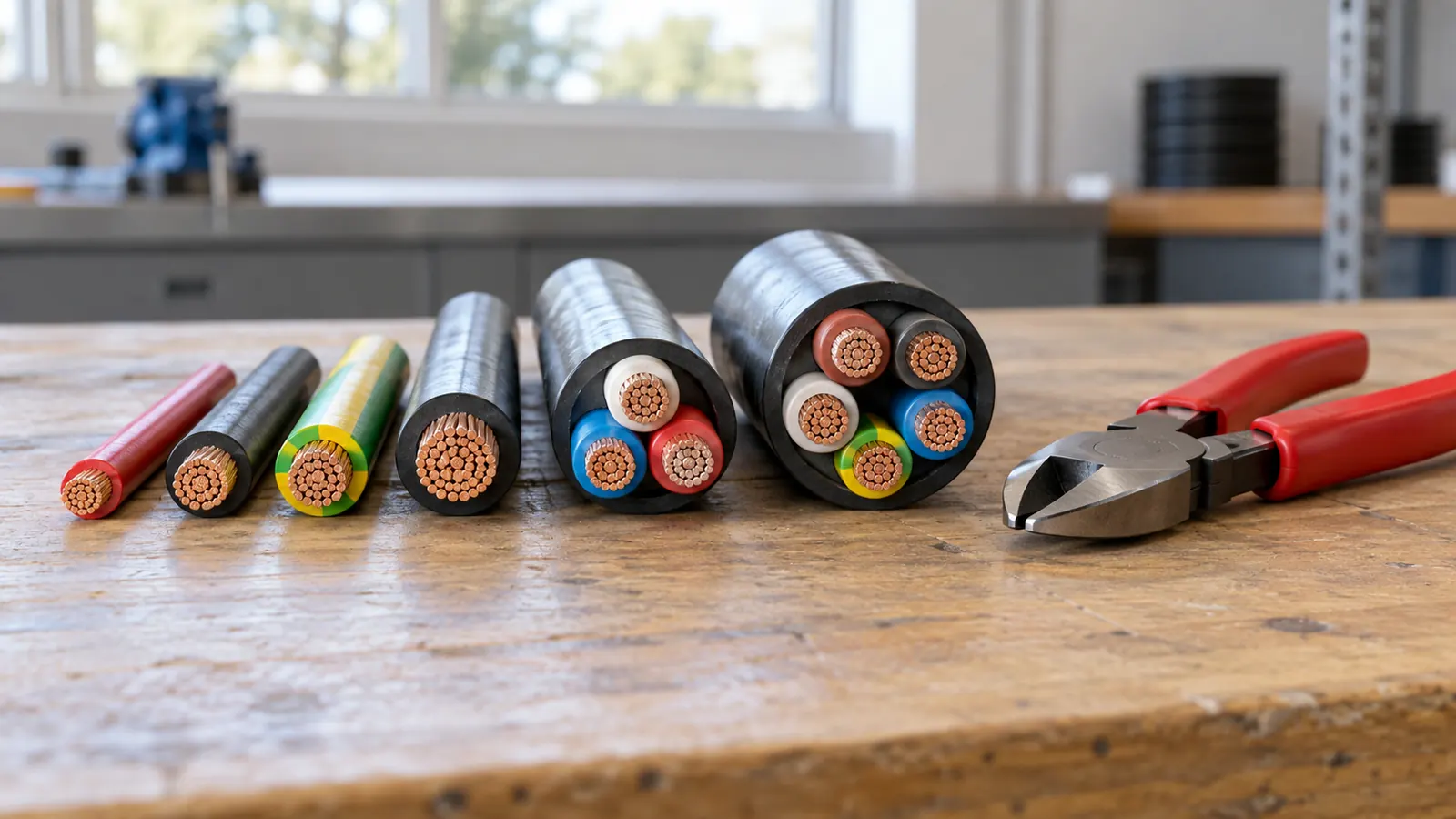 Cut ends of copper power cables in several sizes laid in a row on a workbench.