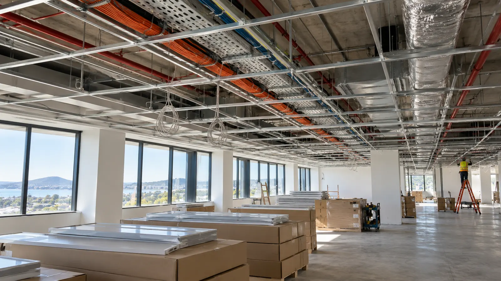 An office floor during fit-out, with an open ceiling grid and light fittings stacked on the floor.