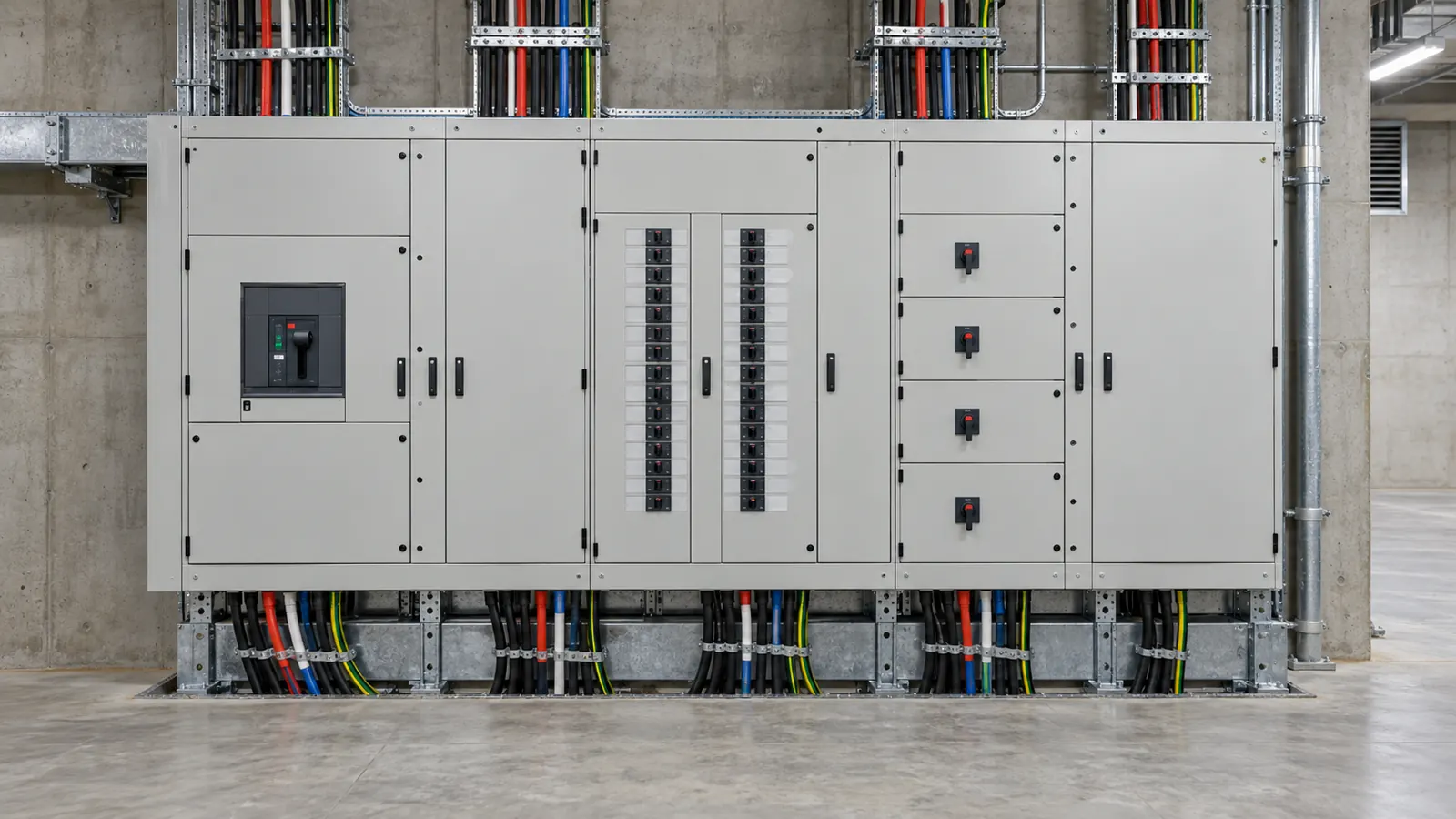 A commercial main switchboard in a plant room, with heavy supply cables entering from below.