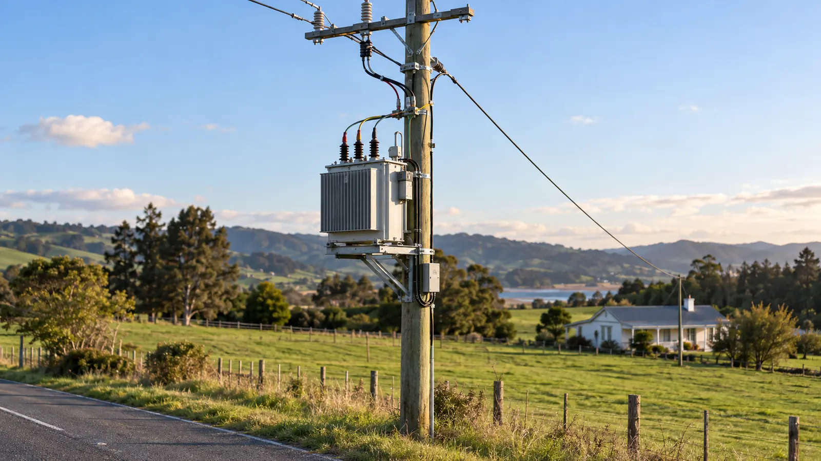 A pole-mounted transformer on a rural road, with a service line running to a farmhouse.