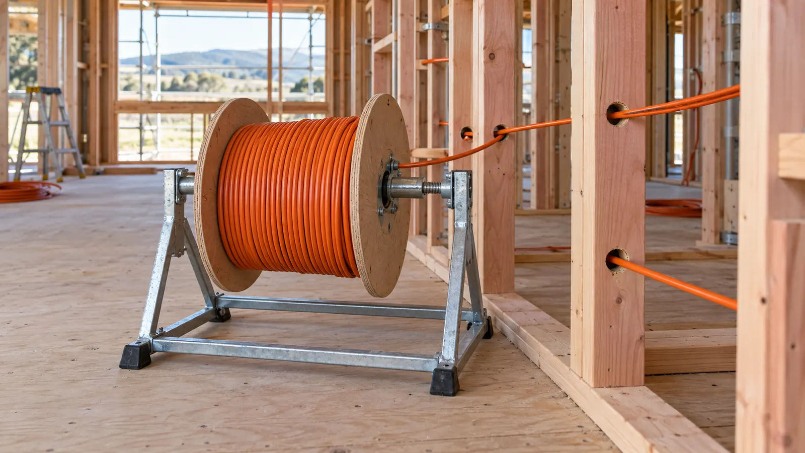 A drum of orange power cable on a stand, with cable pulled through the framing of a new house.