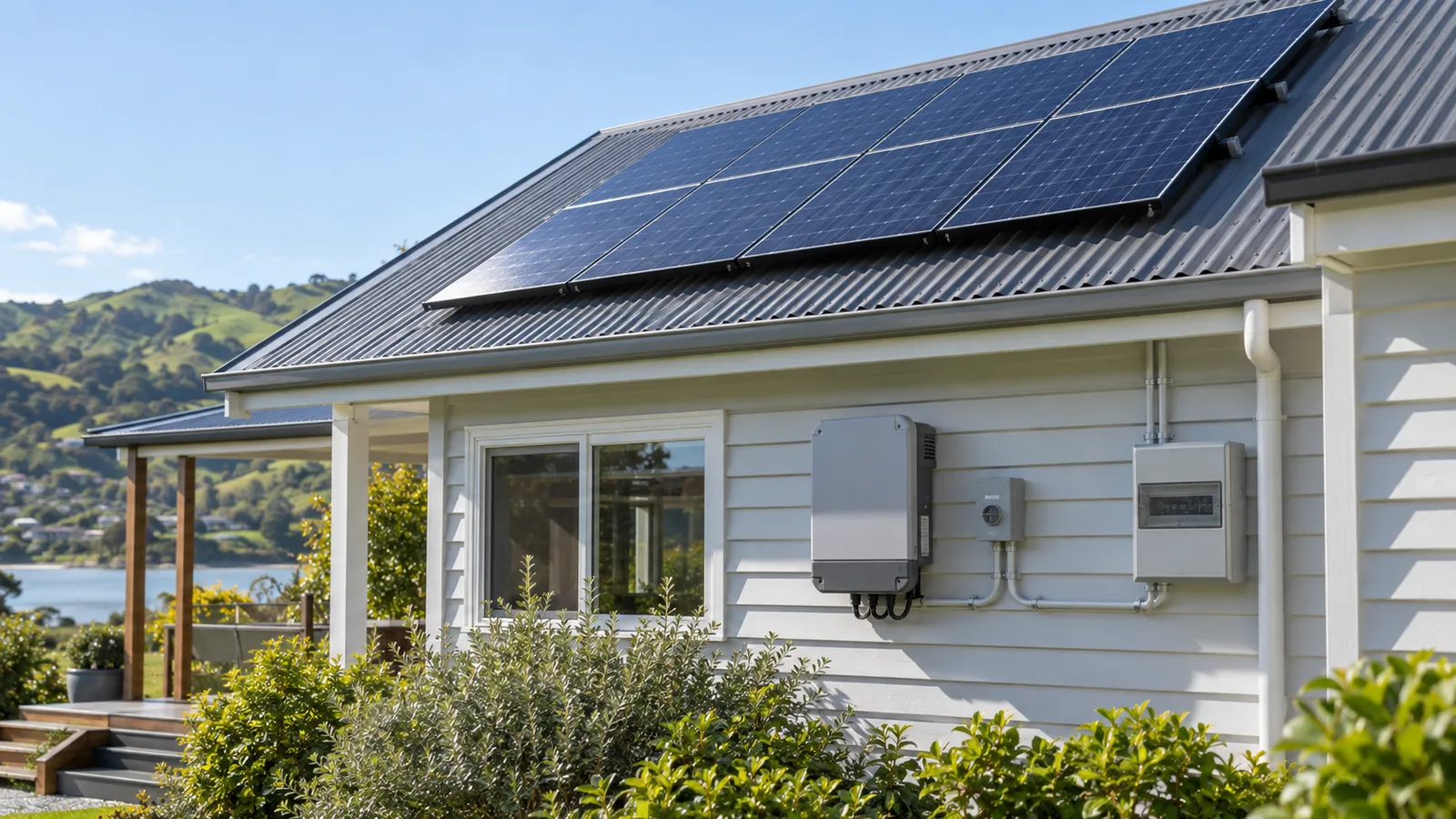 A photovoltaic array on a corrugated iron roof with an inverter mounted on the wall below.