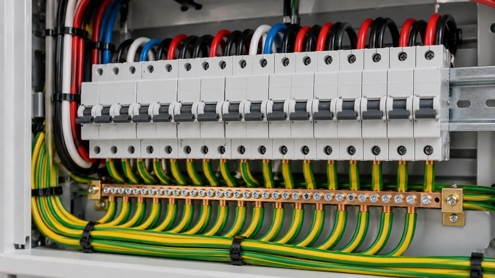 A row of miniature circuit breakers above a brass earth bar with green and yellow earth conductors.
