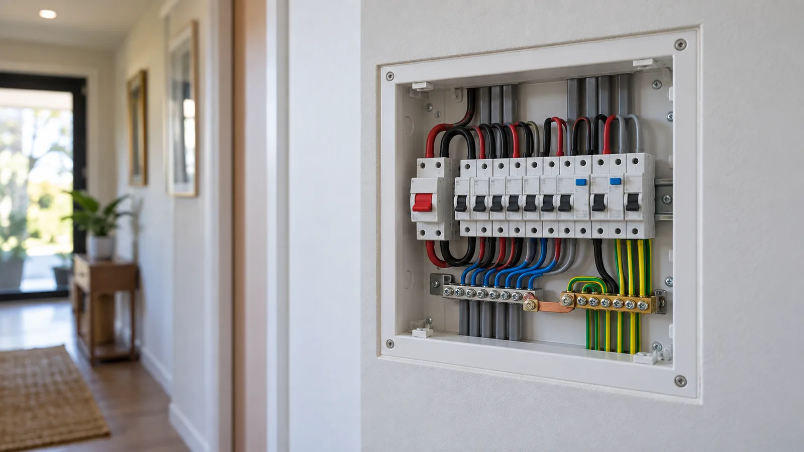 Flush-mounted domestic switchboard in New Zealand with rear-entry cables, MEN link and main earth visible